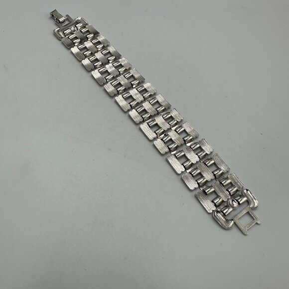 Vintage Wide Link Bracelet Silver Tone Flat Panel Statement Jewelry 7 Inch - Picture 5 of 8